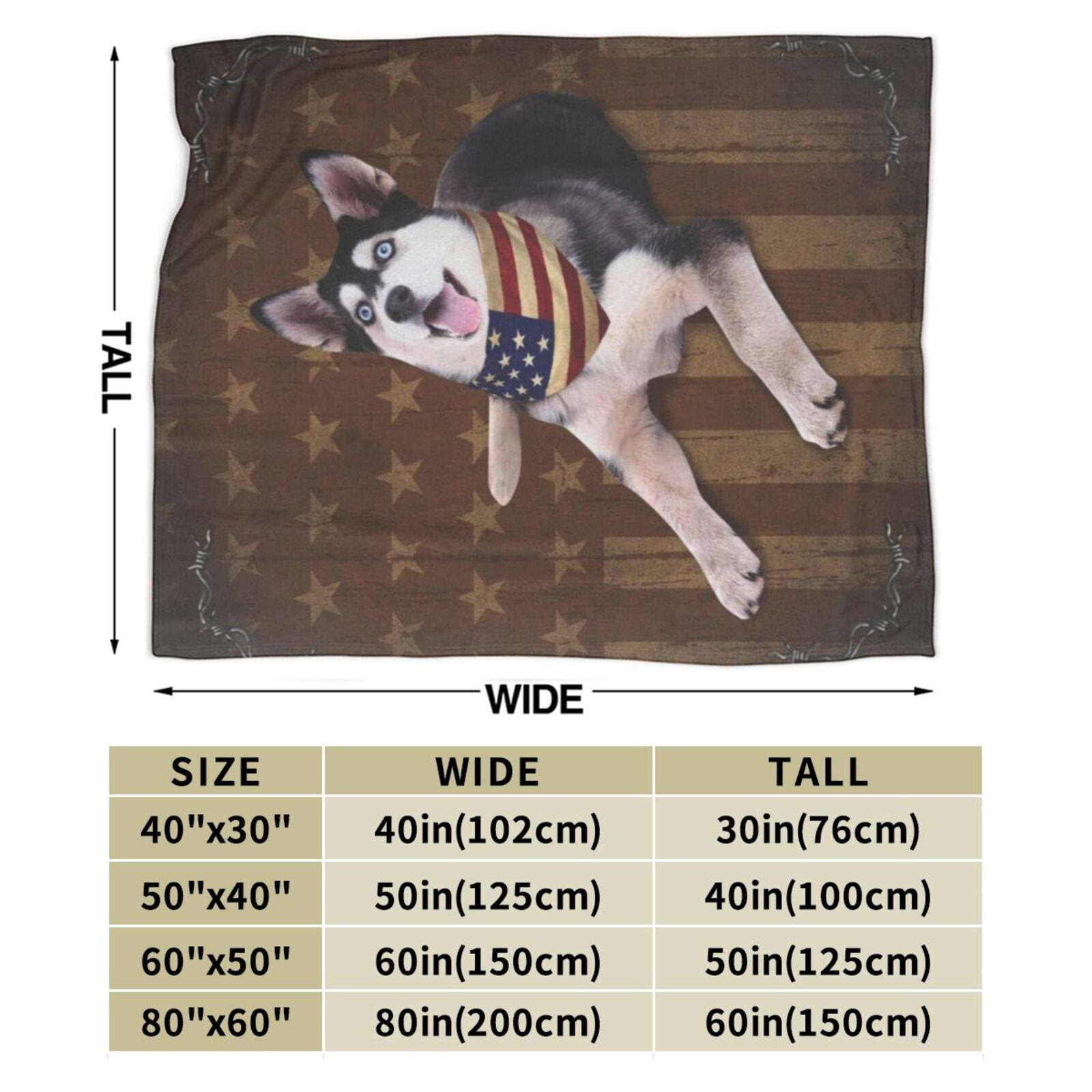 Wijzvio Siberian Husky Dog With Vintage American Flag Throw Blanket Soft Fuzzy Fleece Blanket For Couch Bed Living Room Decoration 60"X50"