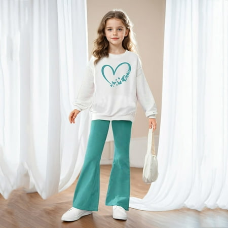 Wangmeiwg Girls Outfit Set Cute Letter Print Crewneck Long Sleeve Hooded Top and Comfy Pants 11-12 Years Mint Green