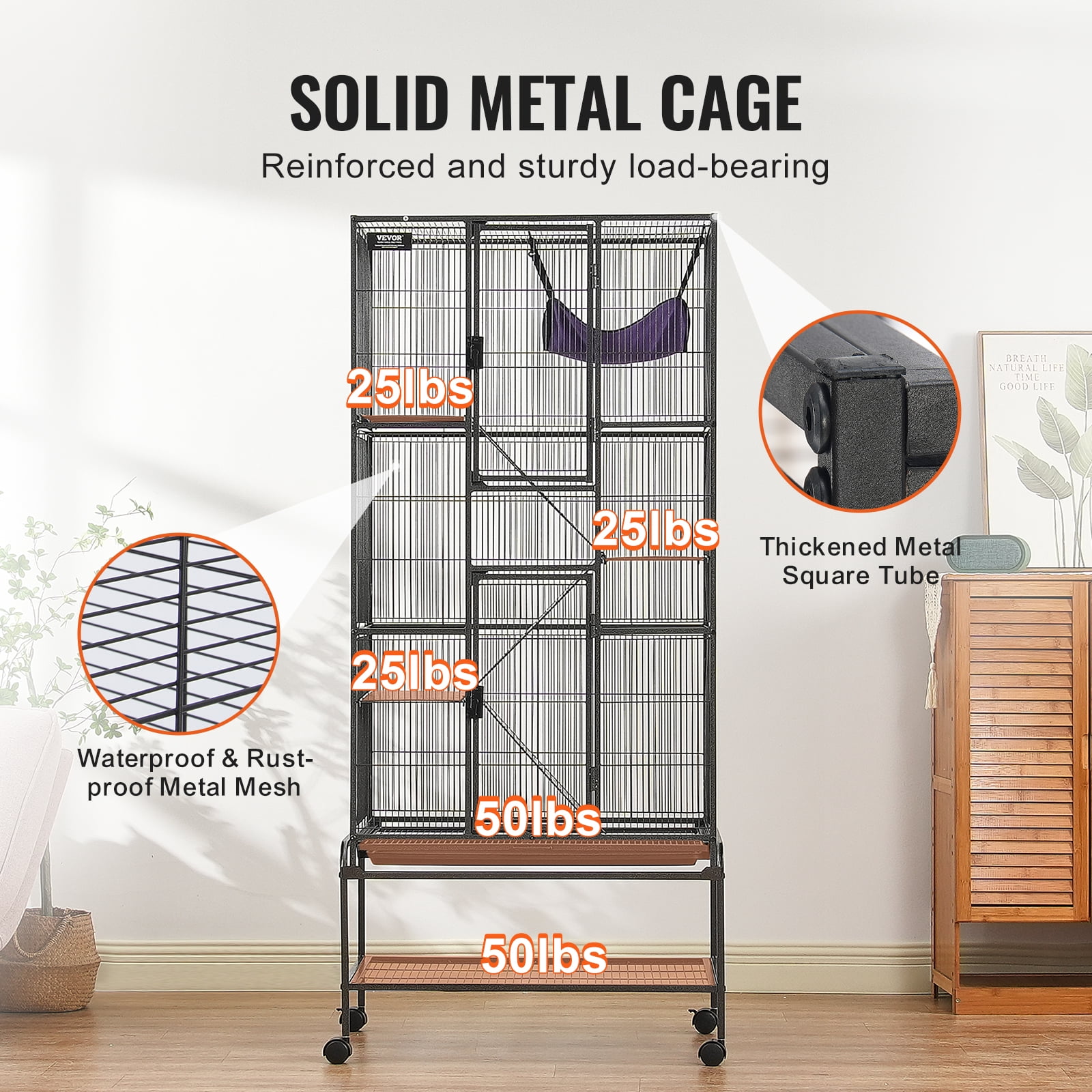 VEVOR 69" Rolling Metal Ferret Cage, Large 4-Tier Small Animal Cage with Ramps & Tray, Easy to Set up for Pet Rats, Hamster, Guinea Pig, Chinchilla, Squirrel, Hedgehogs, Bunny