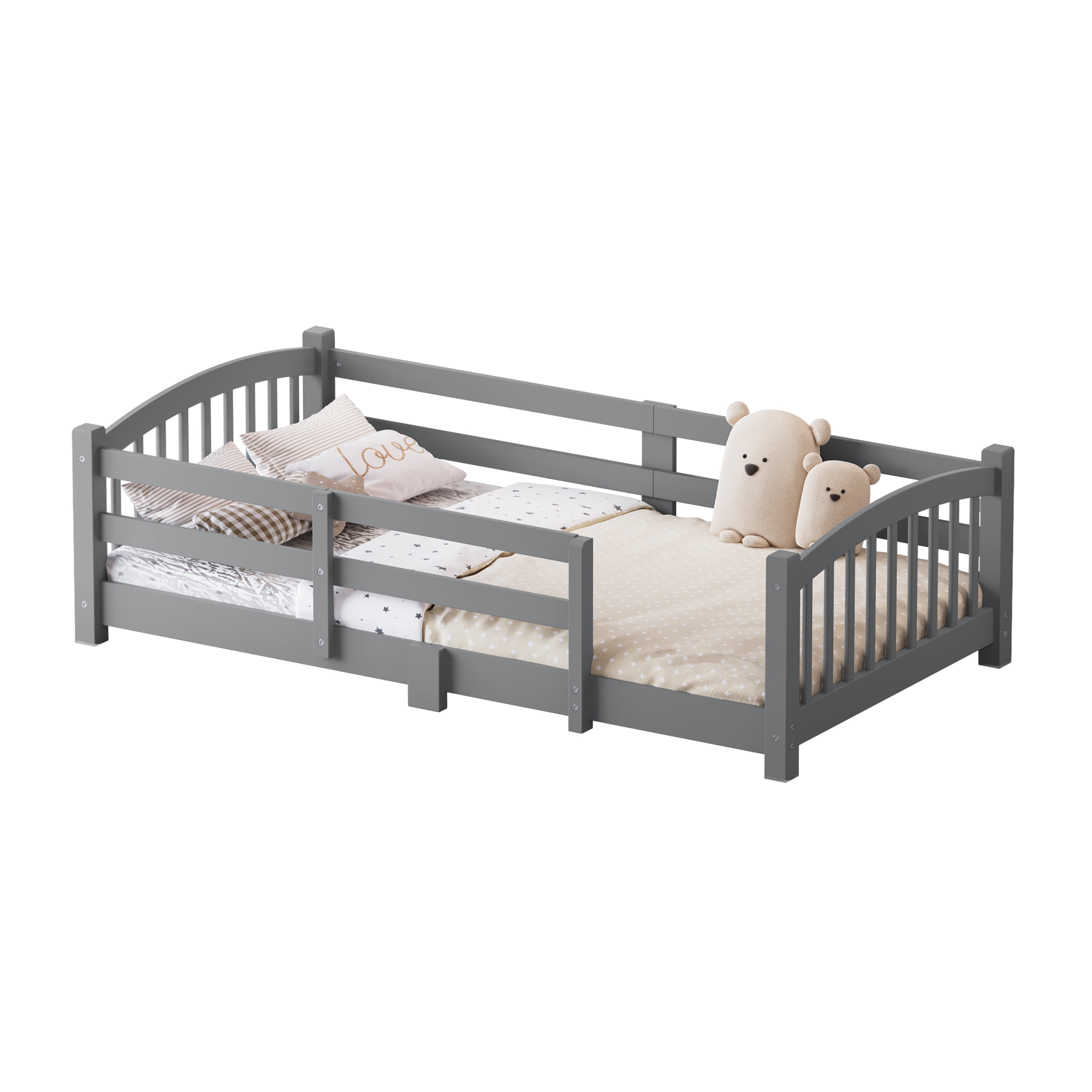 Twin Montessori Floor Bed with Safety Guardrails, Solid Pine Wood Platform Bed with Slats, Gray Toddler Bed for Boys Girls, Easy Assembly