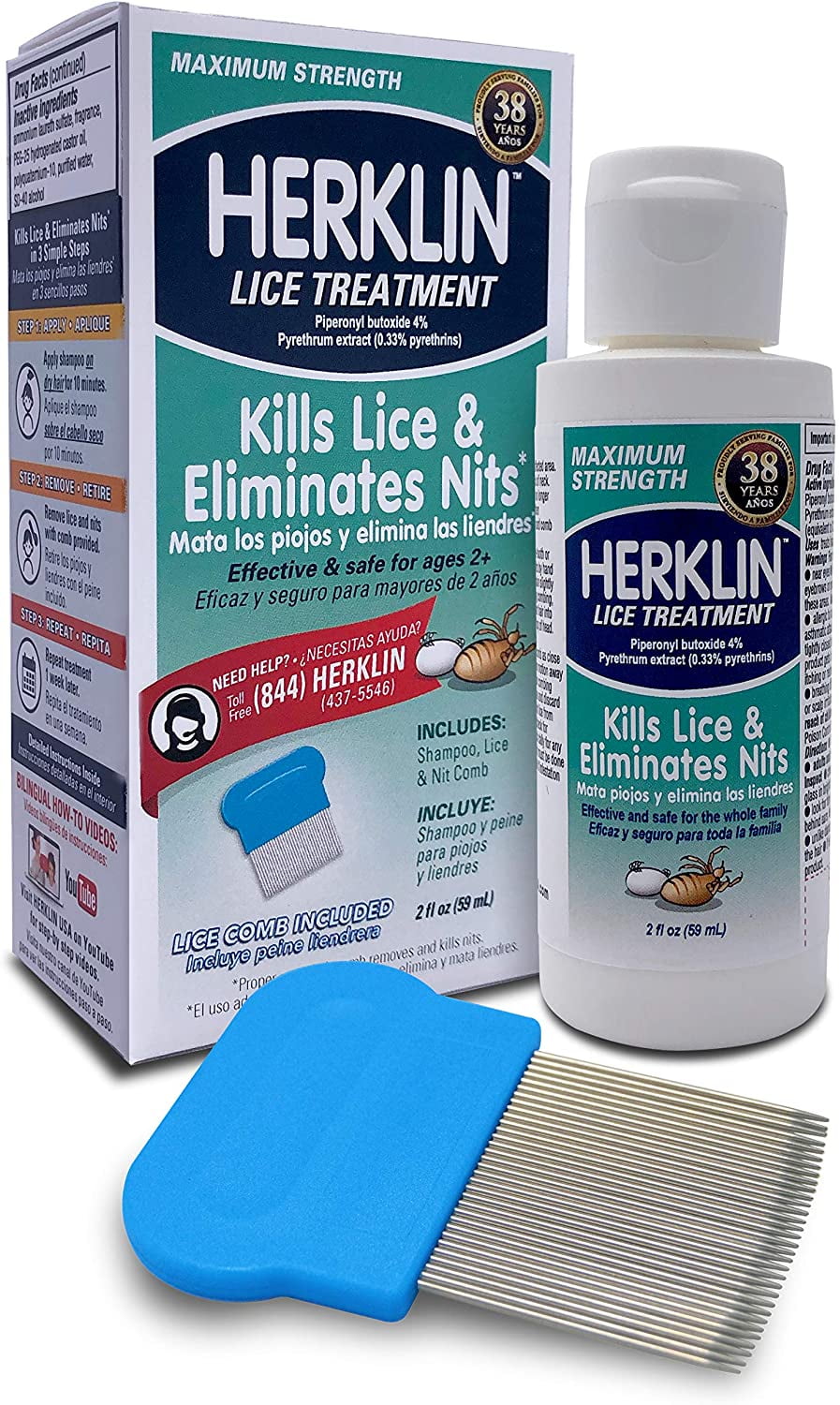 Herklin 2oz Lice Killing Shampoo Kills Lice & Eliminates Nits Includes Metal Lice & Nit Comb