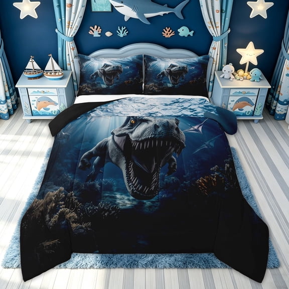 meiyoeat Ocean Underwater Dino Full Size Comforter Sets for Boys Men, Mystic Sea Animal Bedding Comforter Set, Blue Gray, Black Reversible, 3pcs, 1 Comforter and 2 Pillowcases
