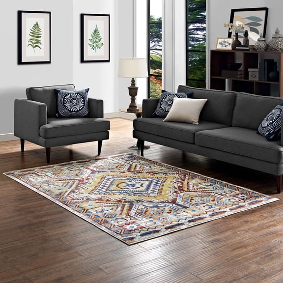 Modway Florita Distressed Southwestern Aztec 4x6 Area Rug in Multicolored