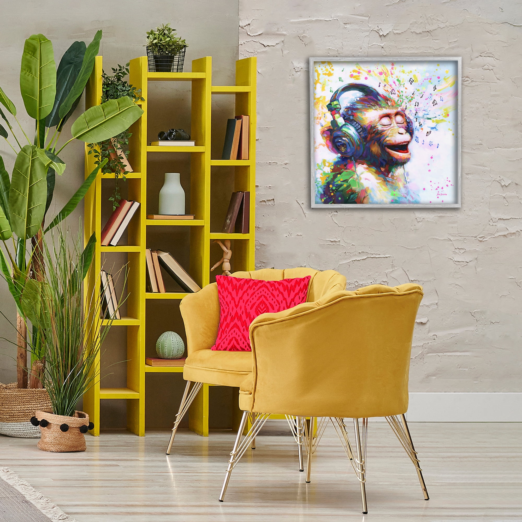 Stupell Industries Blissful Beats Monkey Animals & Insects Painting Gray Framed Art Print Wall Art, 24 x 24