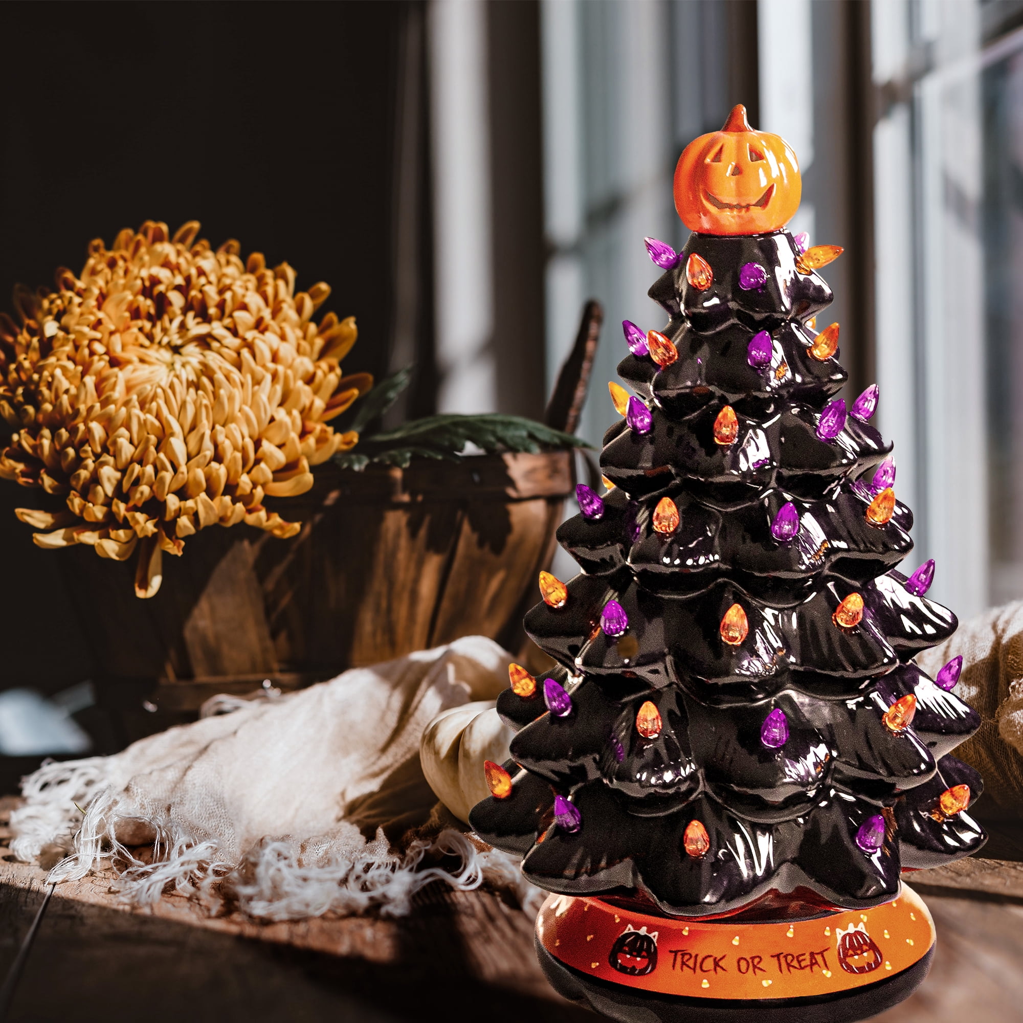 RJ Legend Ceramic Tree, 15" Halloween Handcraft Cordless with Pumpkin Head, LED Light Bulbs, - Black