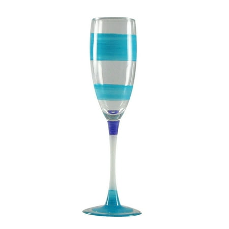 5.75 Ounce Glass - Set of 2 Turquoise Stripe Hand Painted Champagne Drinking Glasses - 5.75 Ounces