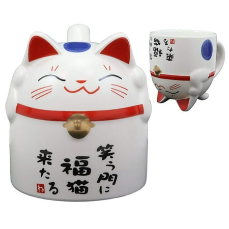 Ceramic Espresso Cups Ebros Gift Topsy Turvy Lucky Cat Maneki Neko With Japanese Calligraphy Of Happiness Ceramic Coffee Latte Espresso Cappuccino Tea Mug Drinking Cup 10oz Home Kitchen Decor Collectible (Lucky Blue Dots) ()