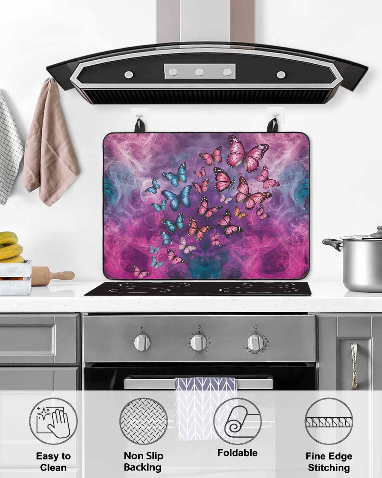 Large Induction Cooktop Protector Mat Butterfly Stove Top Covers for Electric Stove, Purple Blue Fantasy Dream Butterflies Abstract Decorative Stove Burner Cover Mats, Glass Top Stove Cover