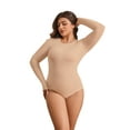 thumbnail image 3 of POSESHE Women's Plus Size Long Sleeve Bodysuit,Slim Fit Crew Neck Tops Cotton Bodysuit for Women,Beige,Size 1XL, 3 of 8