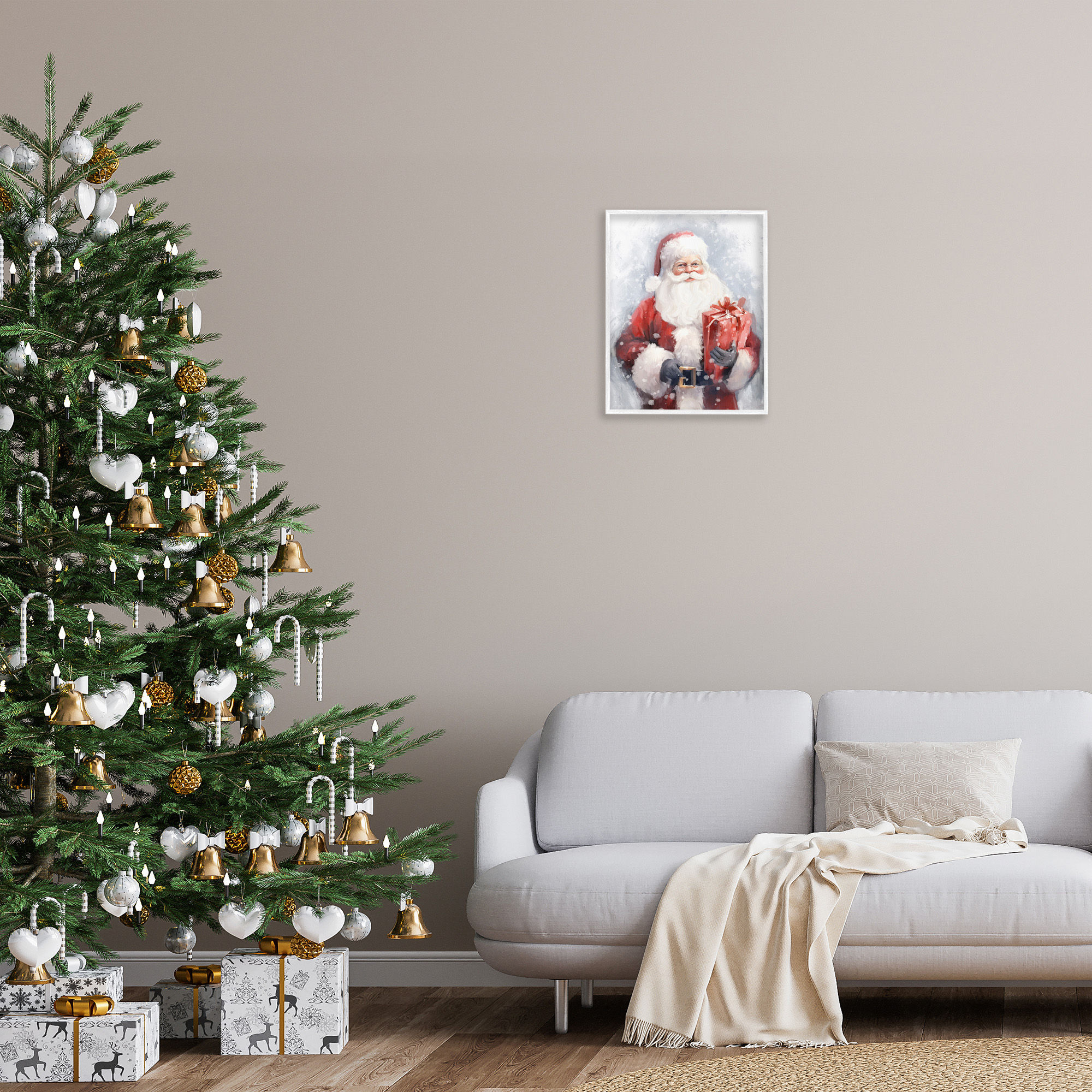 Stupell Industries Santa with Red Gift Holiday Painting White Framed Art Print Wall Art, 16 x 20