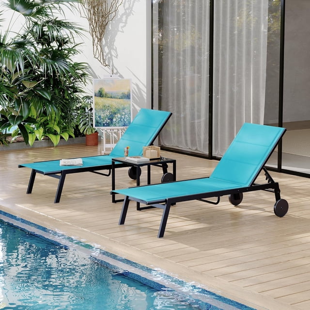 Kojooin 2 Chaises Longues de Patio en Textile avec Table d'Appoint, Chaises Longues de Piscine Réglables sur Roues pour Usage Extérieur
