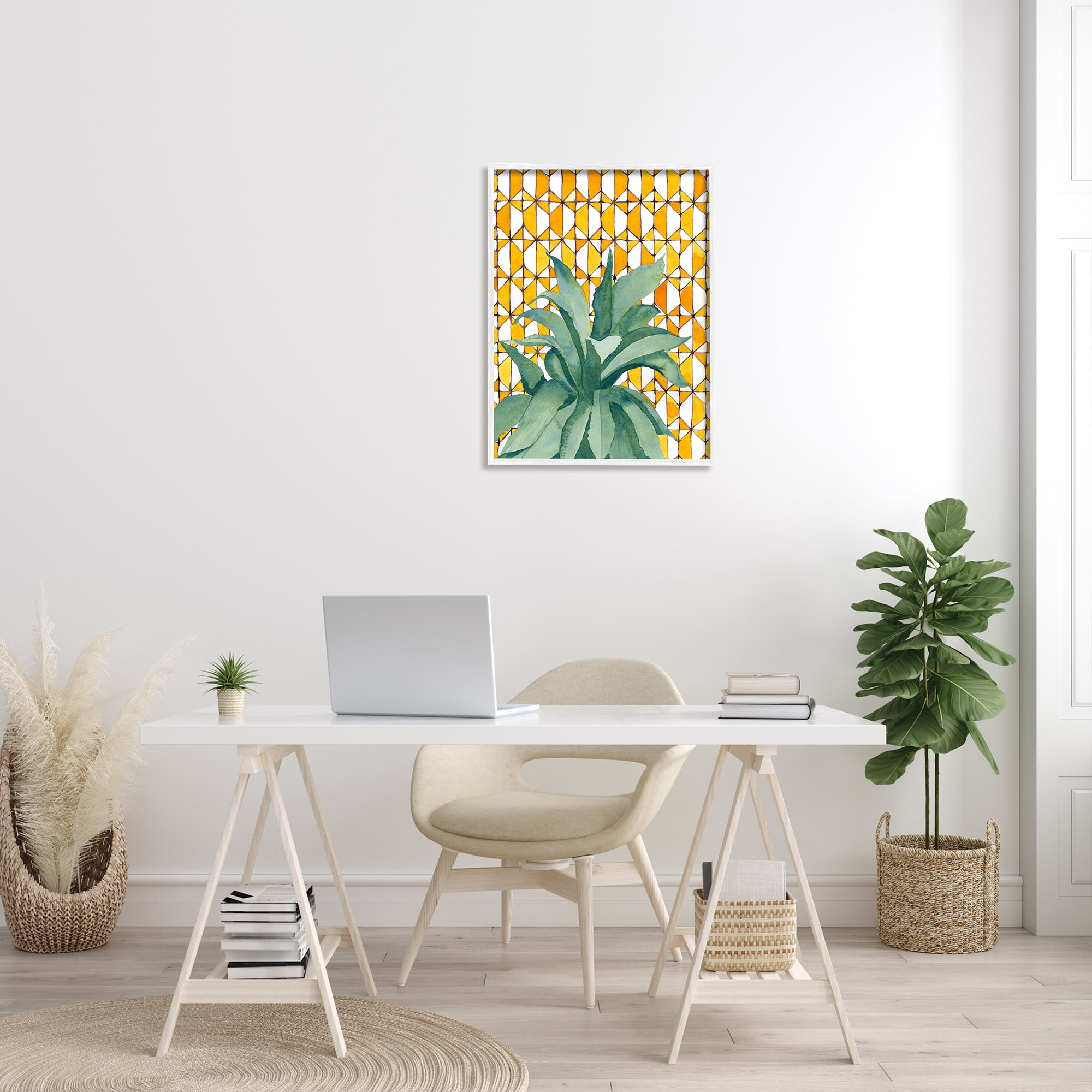 Stupell Industries Tropical Plant Fronds over Geometric Yellow Pattern Botanical & Floral Painting White Framed Art Print Wall Art, 24 x 30
