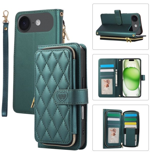 YEYKX Cartera for iPhone Air de 6,5 Pulgadas con Correa para Muñeca/hombro, 9 Ranuras para Tarjetas, Monedero con Cierre, Soporte de Cuero de Lujo, Funda Cell Phone a Cuadros, Verde, for iPhone Air