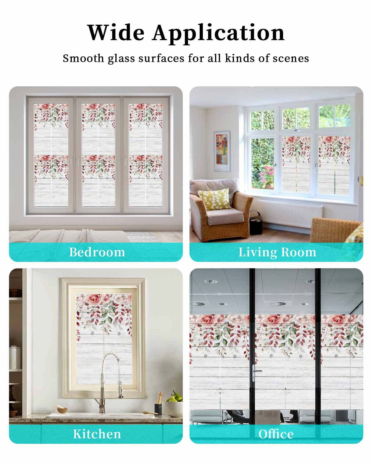 Pink Valentine's Day Window Privacy Film Stained Glass Window Film Decorative Windows Cover Static Windows Cling for Glass Door Roses Spring Floral Wooden Farmhouse Stickers for Bathroom 17.7"x78.7"