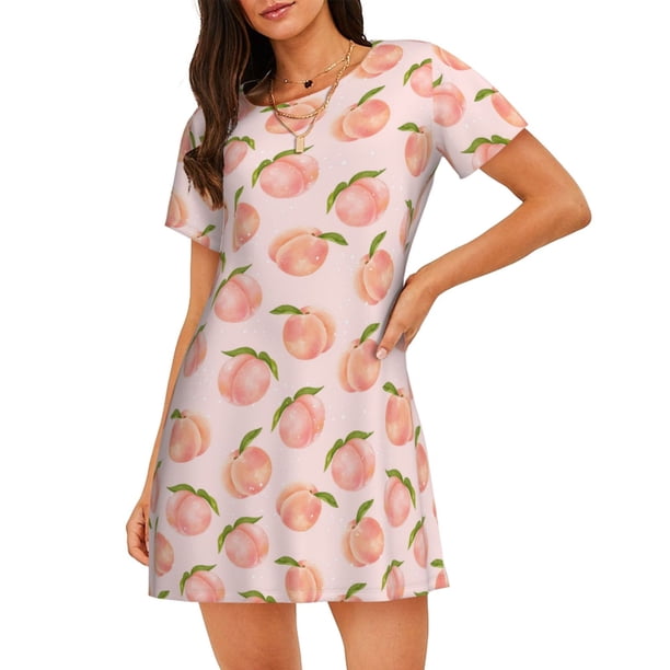Balery Peach With Leaves Camisón de manga corta con cuello redondo para mujer, cómodo y elegante.
