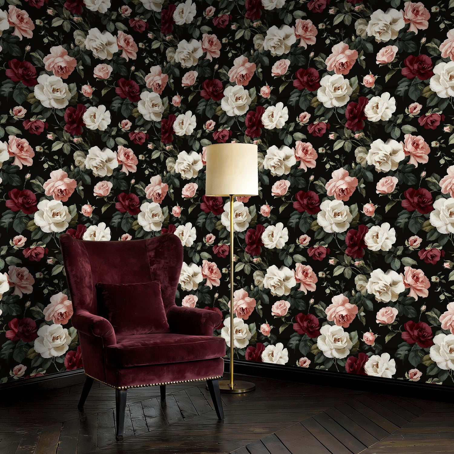 Peel and Stick Wallpaper Vintage Floral White Pink Red Roses Black Wall Mural 17.7in x 9.8ft Self Adhesive Removable Wall Paper Renter Friendly Wallpaper for Nursery Bedroom Cabinets