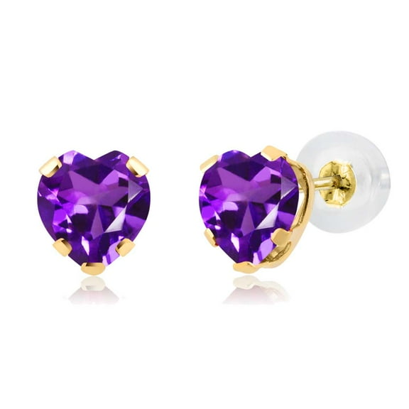 Gem Stone King 14K Yellow Gold Purple Amethyst Stud Earrings for Women Men (0.80 Cttw, Gemstone Birthstone, Heart Shape 5MM)