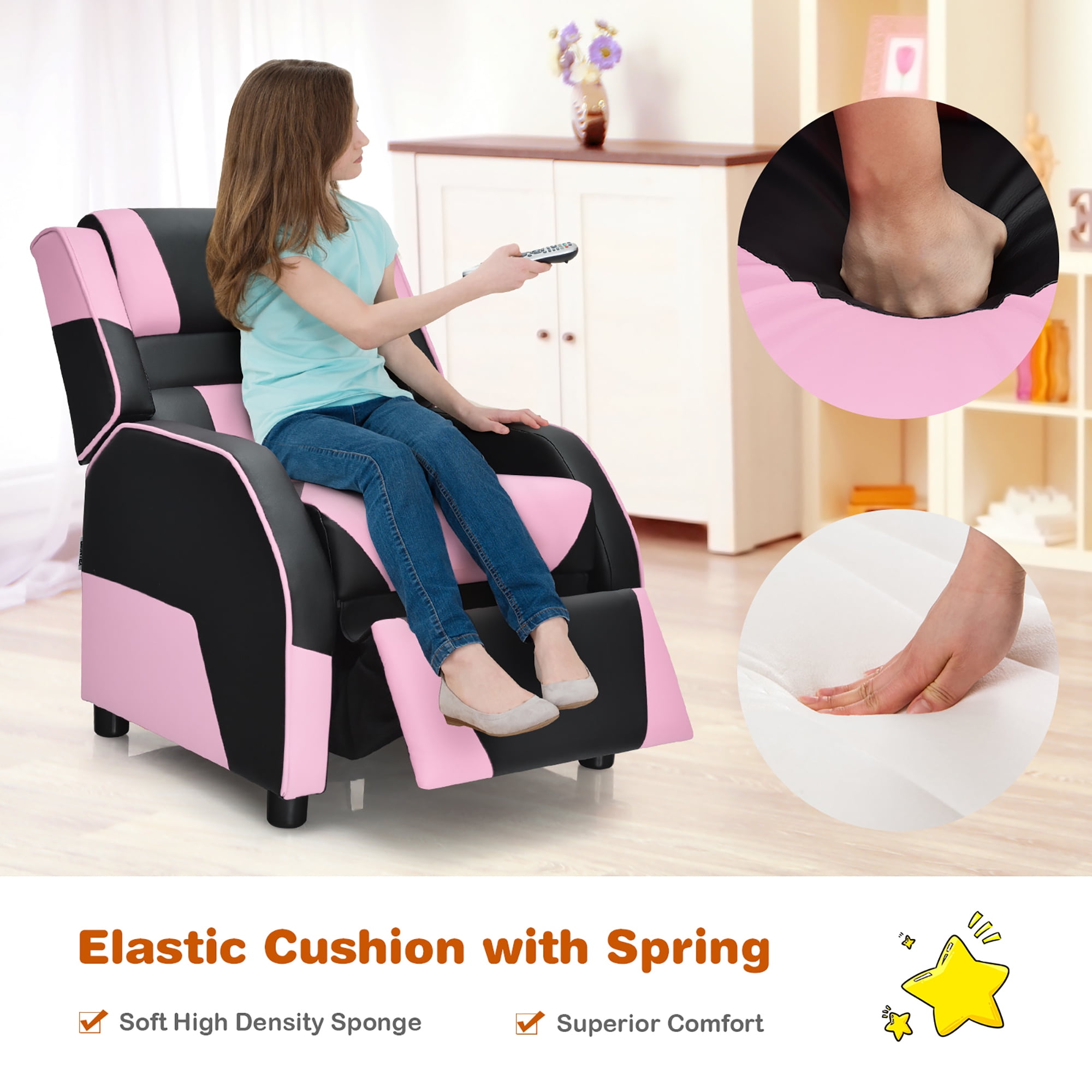 Costway Kids Youth Gaming Sofa Recliner w/ Headrest & Footrest PU Leather Pink