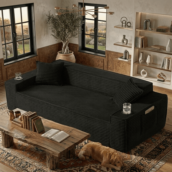 80.7" Boneless Sofa Couches with Cup Holder,3 Seat Couch with Side Pocket, Cloud Couch for Compact Living Rooms, Apartments，Black