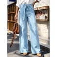 thumbnail image 6 of Women's High Waisted Wide Leg Denim Jeans, Light Blue Wash, with Long Detachable Waist Strap Ties, Straight Casual Pants, 6 of 7