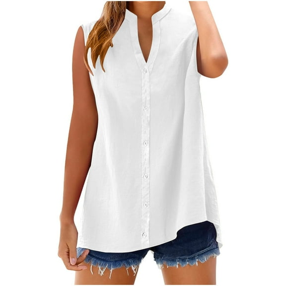 Ltctricy Women's Sleeveless Button down Shirts Pluis Size Cotton Linen Mock V Neck Basic Tank Tops Loose Casual Cami Shirts