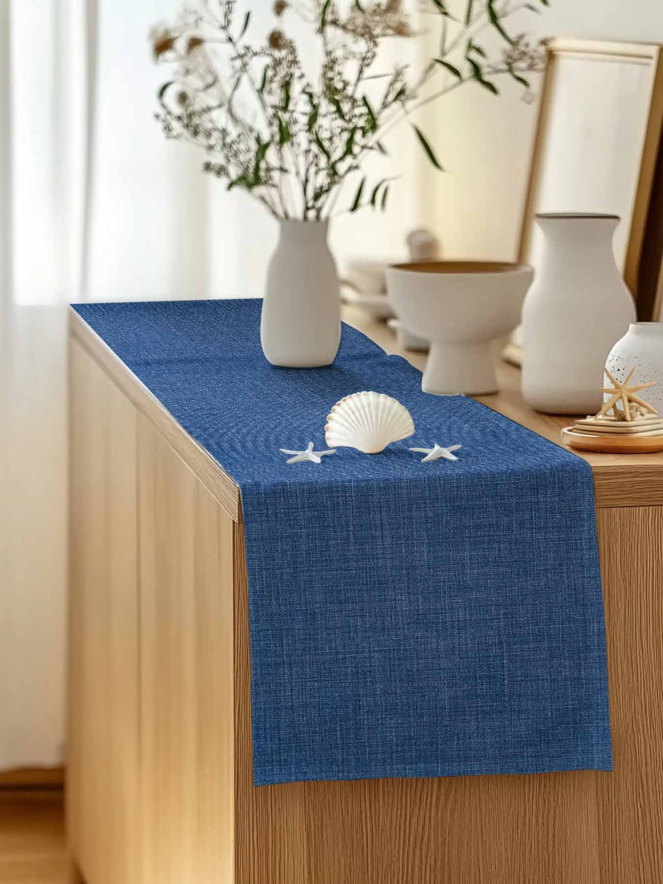 Table Runner 120 Inches Long for Kitchen Dining, Dark Blue Dresser Scarf Farmhouse, Dining Table Decorations for Wedding/Parties, Farmhouse Burlap Solid Color Blue Modern Linen Texture 13 x 120 In