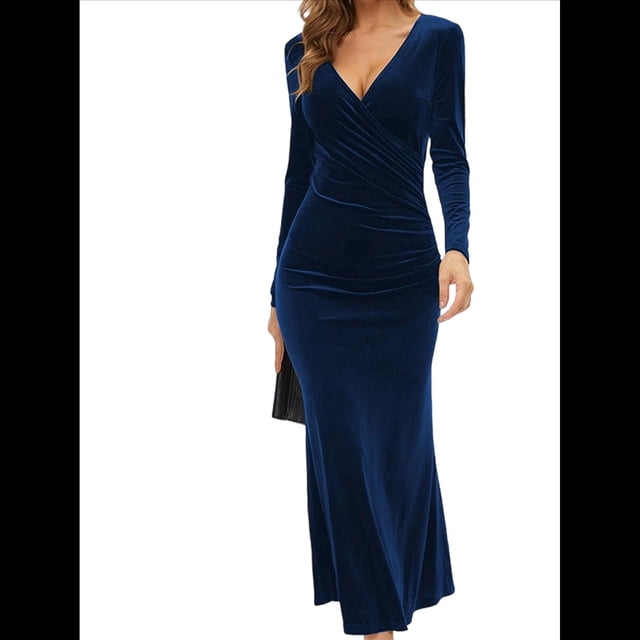 Vestido Elegante de Terciopelo para Mujer, con Escote en V Profundo, Cruzado A la Cadera, Liso, de Larga, para Fiesta de Noche, Cóctel o Graduación Azul Oscuro XL