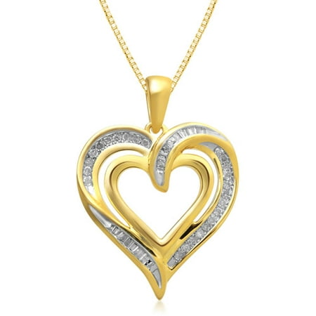 1/4 Carat T.W. Baguette and Round Diamond 18kt Yellow Gold over Sterling Silver Heart Pendant, 18