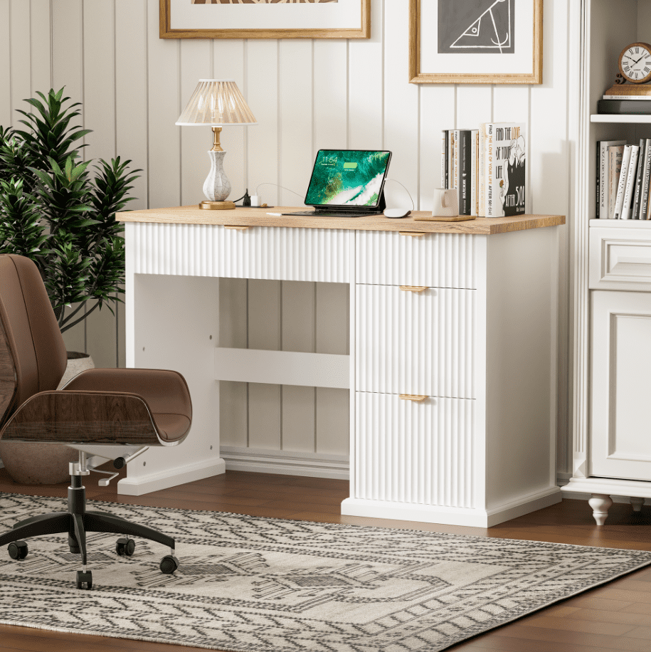 47" Farmhouse Executive Desk, Home Office Desk with Drawers and Charging Station, Wood Home Office Desk, Fluted Computer Writing Desk for Study, Living Room, Bedroom