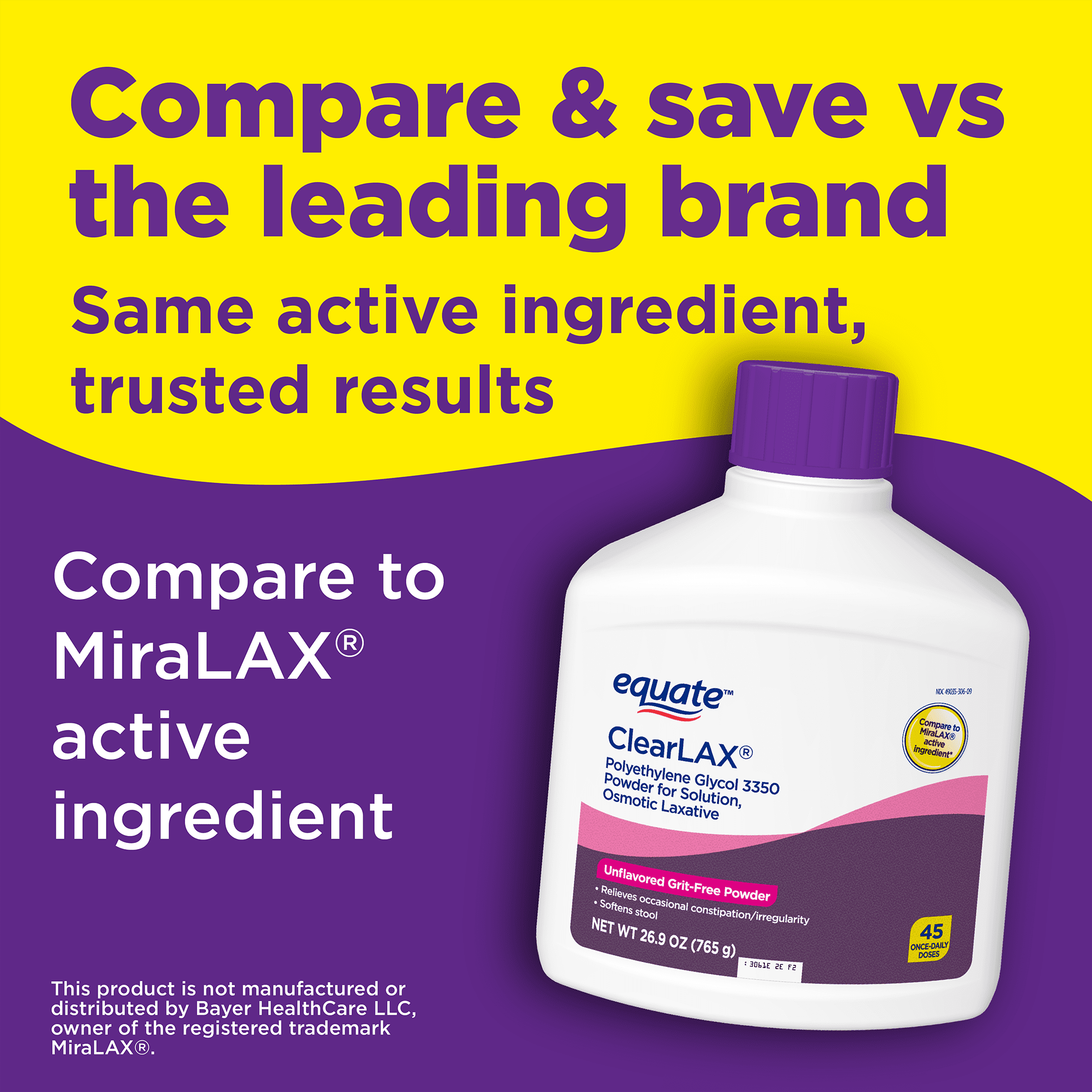 Equate ClearLAX Polyethylene Glycol 3350 Powder for Solution, Osmotic Laxative, Laxatives for Constipation, 26.9 oz, 45 Doses, Compare to MiraLAX Active Ingredient