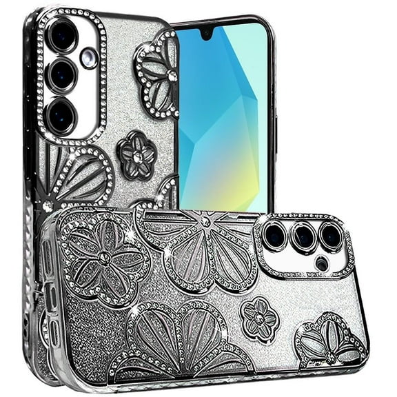 XPM for Samsung Galaxy A16 5G Phone Case, Luxury Flower Design Sparkle Glitter Diamond Rhinestone Shimmer Bling Plating Thick TPU Hard PC Cover for Galaxy A16 5G (Flower Black)