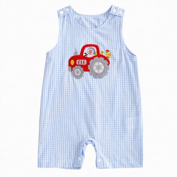 UngA Baby Boys Sleeveless Gingham Car Romper Infant Outfits One Piece Straps Overalls Plaid Striped Jumpsuit Summer Smocked Clothes (Blue,0-3 Months)