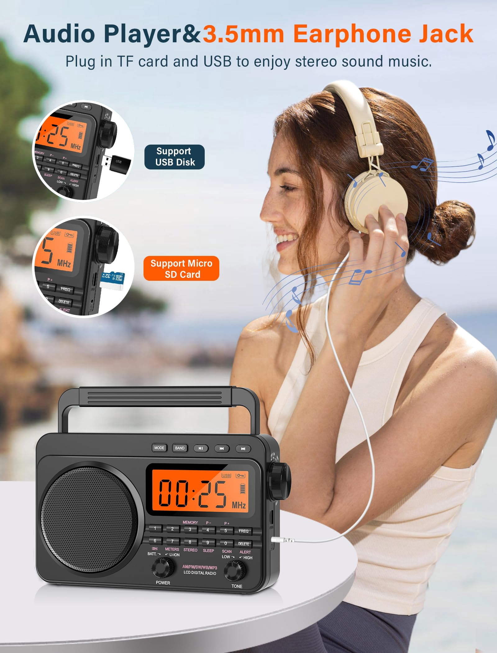 Greadio Portable AM FM Radio, Weather Radio with 4000mAh Rechargeable battery for Outside, Home