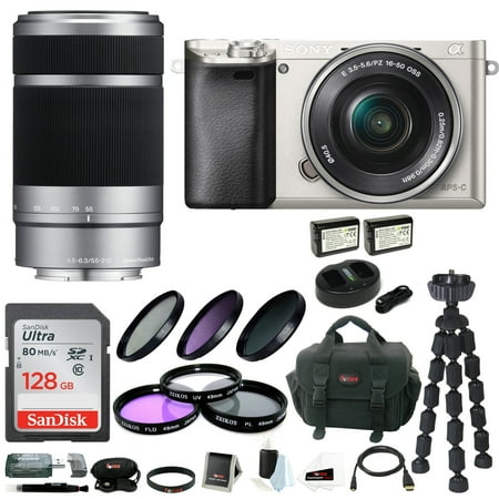 Sony Alpha A6000 ILCE6000L/S 24.3 MP Interchangeable Lens Camera with 16-50mm Power Zoom Lens (Silver) - DELUXE BUNDLE