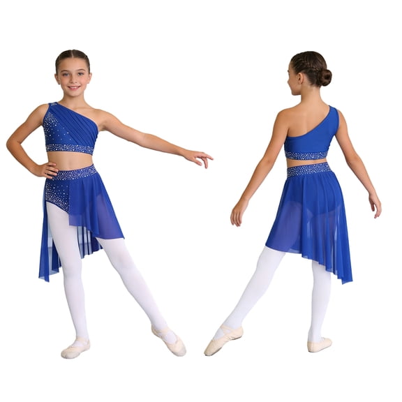 iiniim Girls Lyrical Dance Shiny Rhinestones Crop Top with Skirted Leotard 2-Piece Ballet Dance Outfits Blue 14