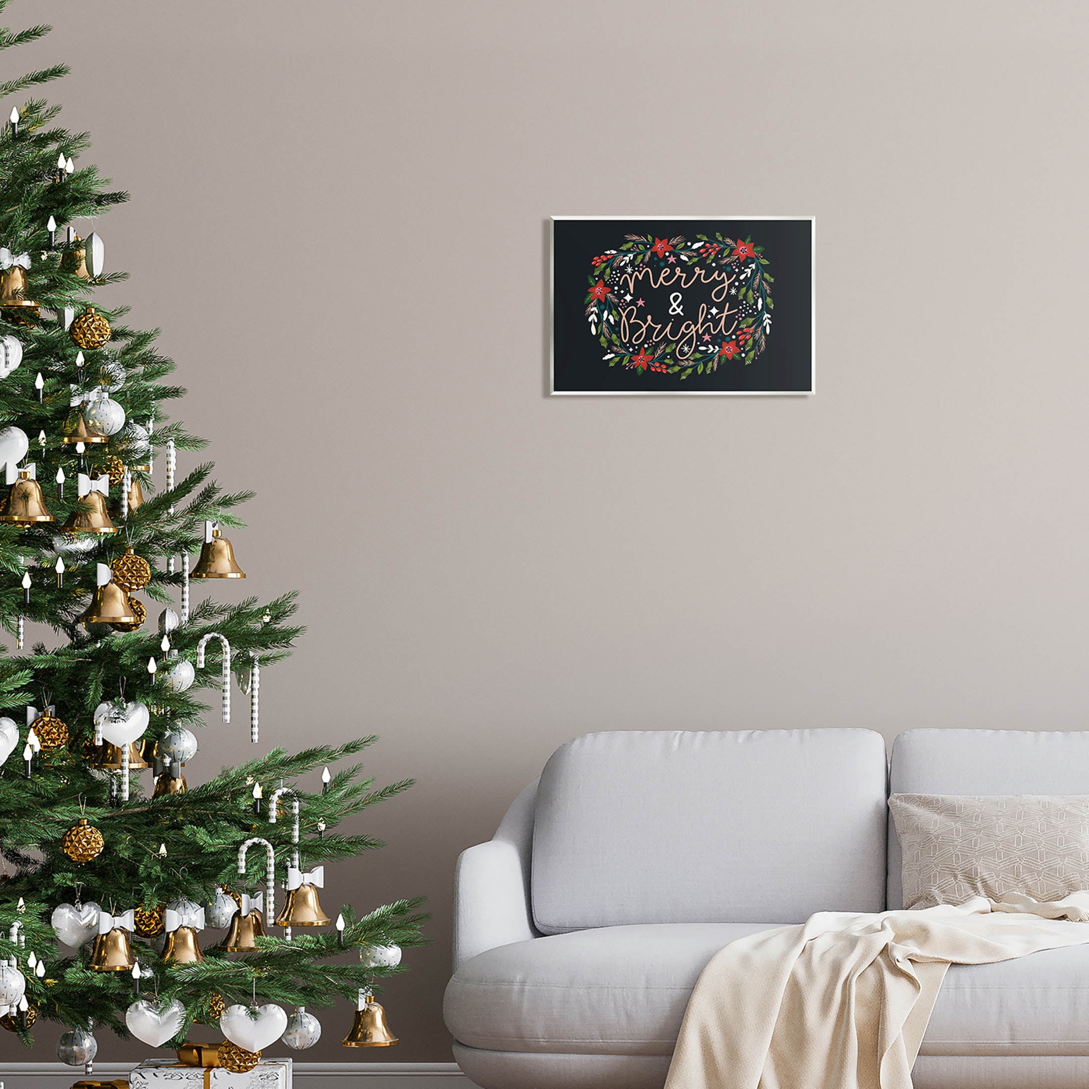 Merry & Bright Poinsettia Wreath Holiday Graphic Art Unframed Art Print Wall Art