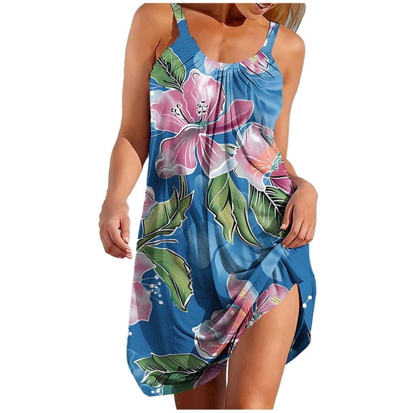 Hawaiian Print Coverall Dress for Women, V-Neck Camisole Beach Dress with Elastic Fabric for Spring and Summer Vacation