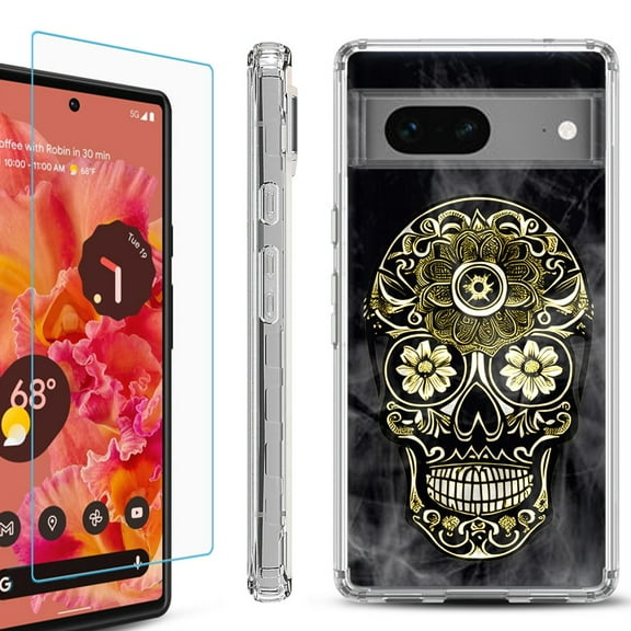 OneToughShield ® for Google Pixel 7a Shockproof Bumper Phone Case, with Tempered Glass Screen Protector - Skull Smoke