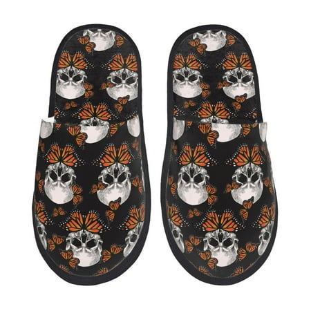 Balery Butterfly Skull Slient Indoor Furry Fleece Comfort House Shoes Soft Non-Slip Home Shoes Cotton slippers House Slippers-- Medium