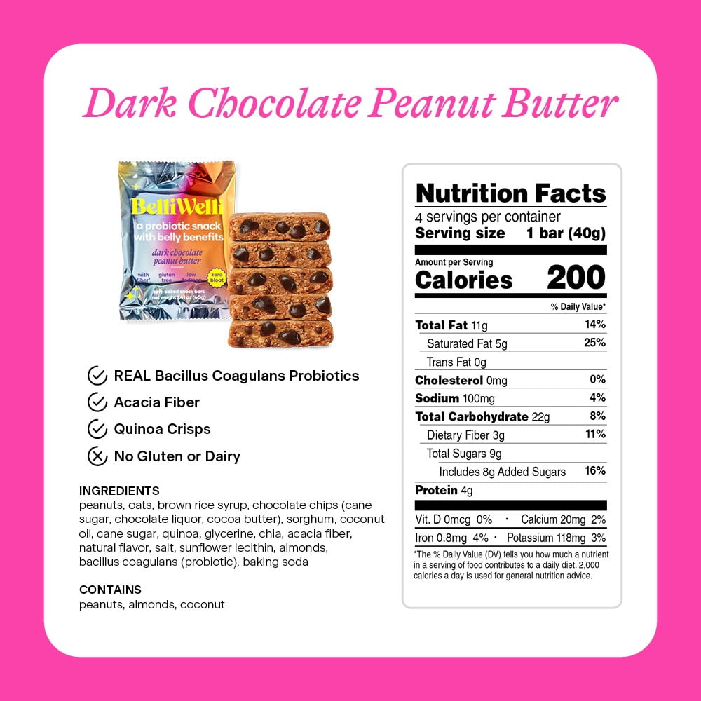 (2 pack) BelliWelli, Dark Chocolate Peanut Butter, Soft-Baked Probiotic Bar, 4 x 1.4 oz bars