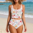 thumbnail image 2 of Guluxicc Women's Floral Printed Bikini Sets High Waisted Contrast Trim Round Neck Crop Top Bathing Suits Tankini Swimsuits Sets for Beach Summer Swimwear, 2 of 9