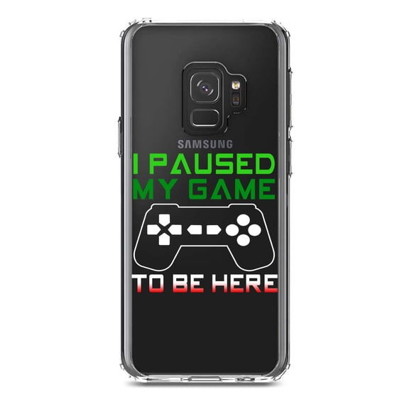 DistinctInk Clear Shockproof Hybrid Case for Samsung Galaxy S9 (5.8" Screen) - TPU Bumper Acrylic Back Tempered Glass Screen Protector - I Paused My Game to Be Here Gamer Video Games