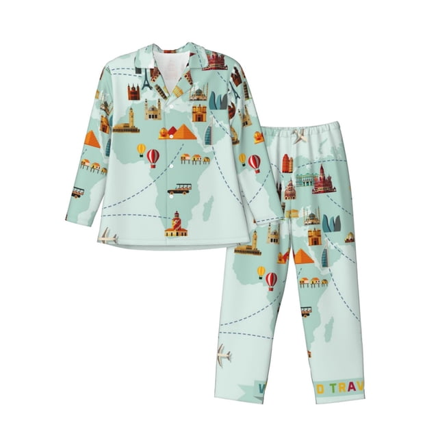 Fotbe World Travel Map Pijama de Hombre con Estampado de Manga Larga, Conjunto de 2 Piezas, Ropa de Dormir Suave y Cómoda con Bolsillos-Large
