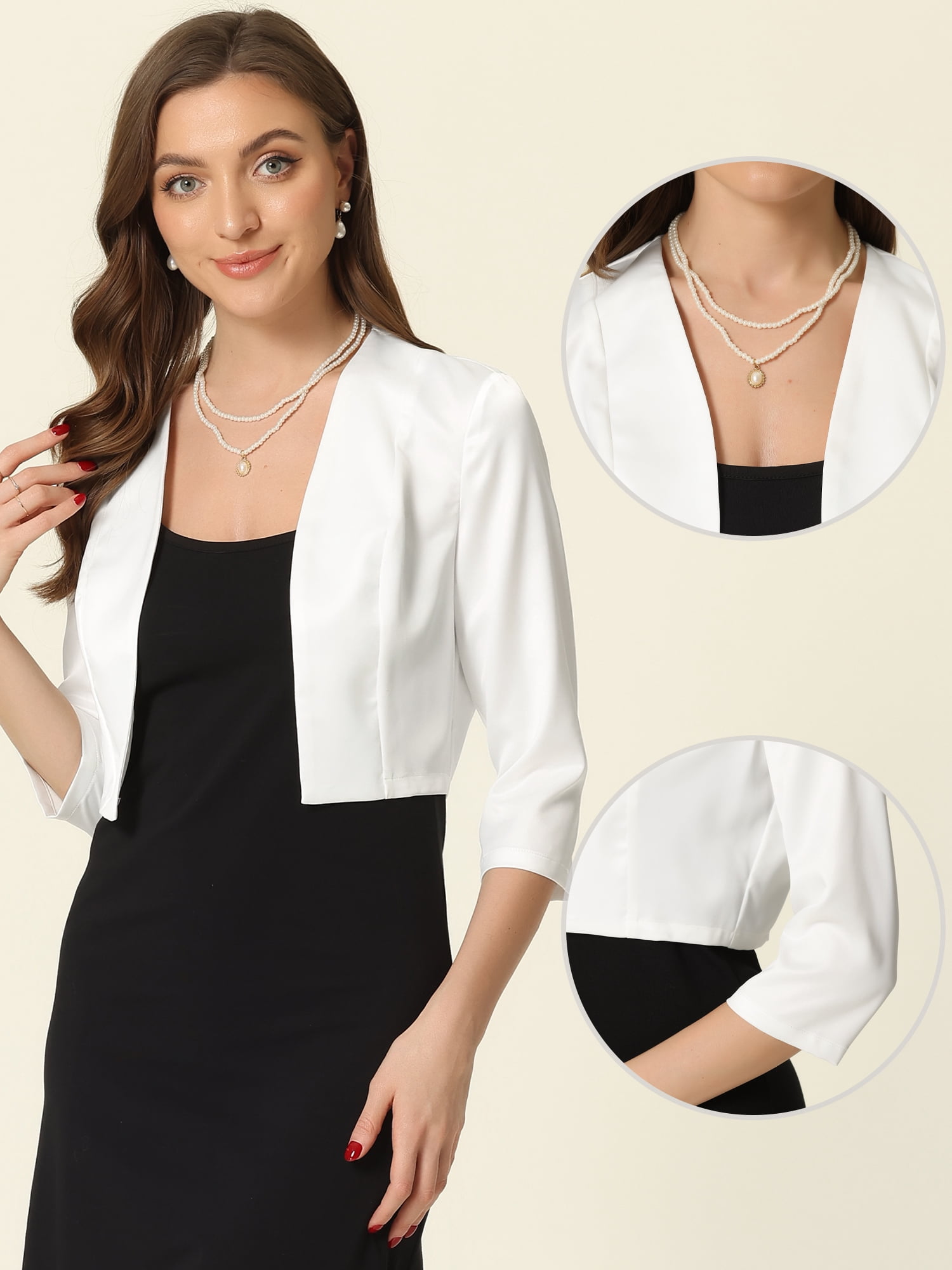 DARING DIVA Women's Satin Cardigan 3/4 Sleeve Open Front Cropped Work Bolero Shrug S White