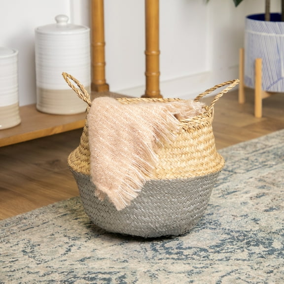 Seagrass Belly Wicker Basket with Handles - 13" - Silver and Beige