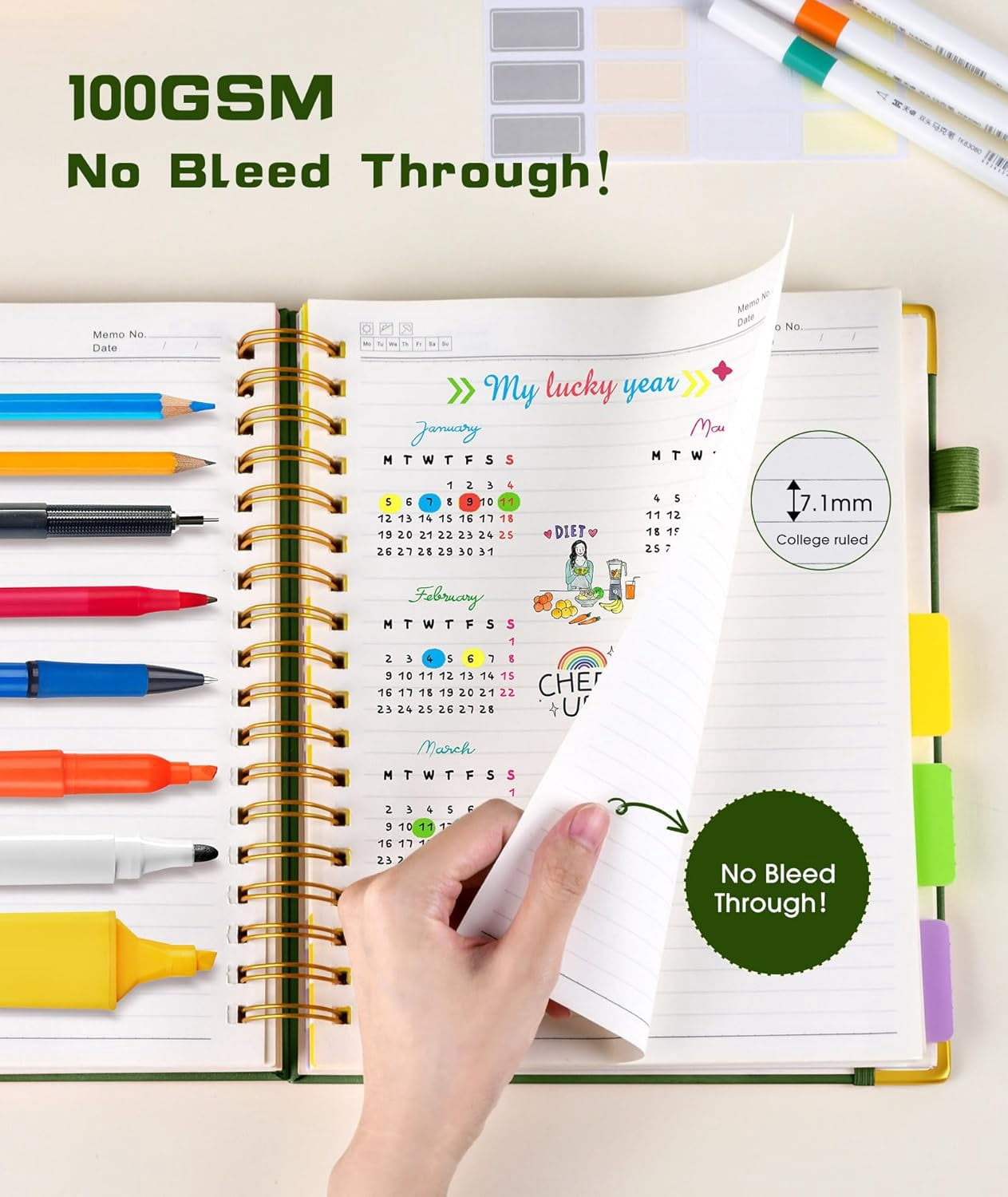 Hardcover Spiral Notebook - 300 Pages Leather 5 Subject Journal with Removable Dividers, 8"x10" for Work and Office (Green)