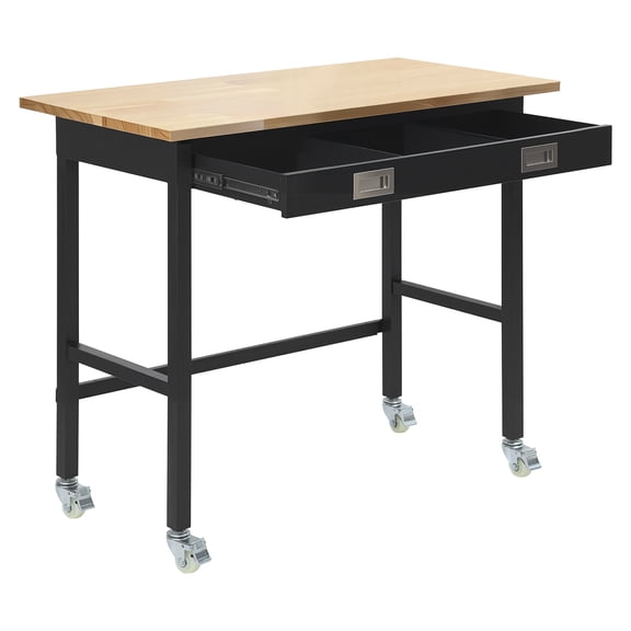 KFFKFF 48-inch Workbench with Drawer Storage & Wheels, 1500 lbs Capacity, Mobile Work Table with Durable Oak Wood Top for Garage, Workshop, Office, and Home Use