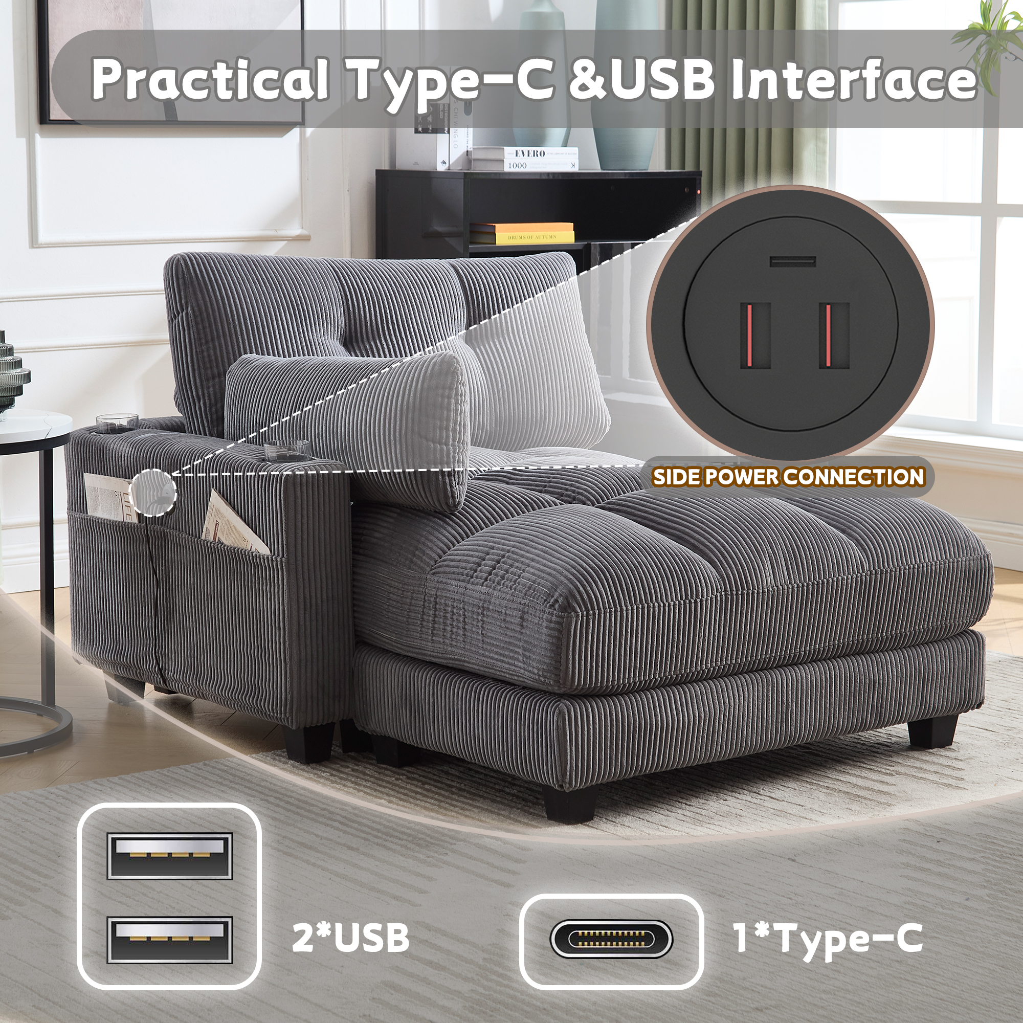 MOONMISS Corduroy Upholstered Soft Deep Seat Sleeper Sofa with USB,TYPE-C&2 Cup Holders-Gray