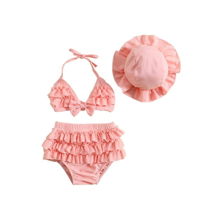 

3Pcs Baby Girls Summer Swimwear Outfit Sets Hanging Neck Tops + Layered Ruffle Shorts + Hat