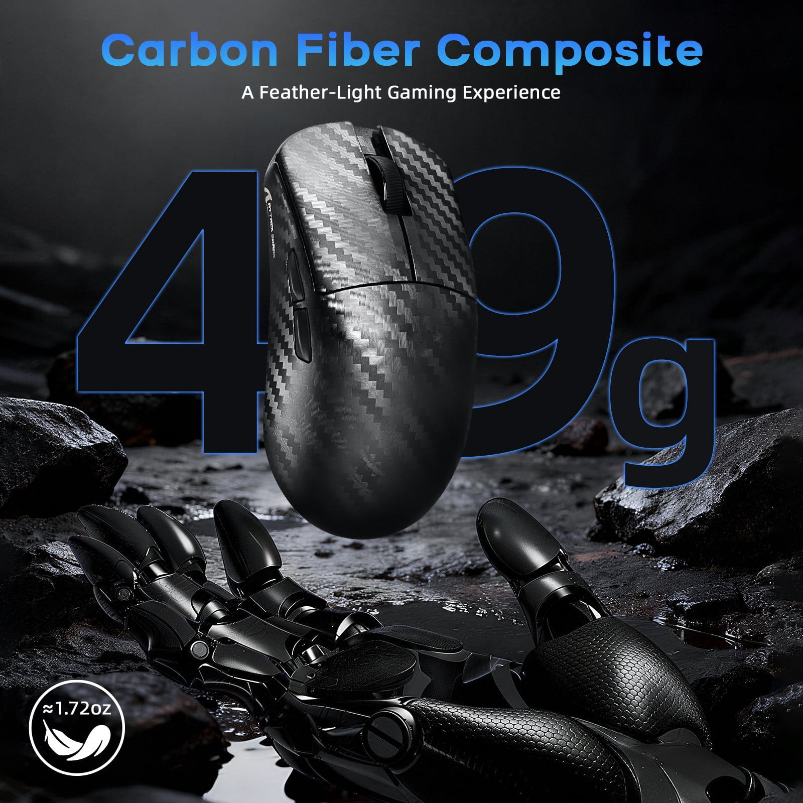 ATTACK SHARK R11 Ultra 8K Carbon Fiber Wireless Gaming Mouse with 42000 DPI-PAW3950 MAX Sensor-49g Lightweight,Nordic 52840 MCU Chip,Wired/BT/2.4Ghz Programmable,RGB Coiled Cable,Weave Black